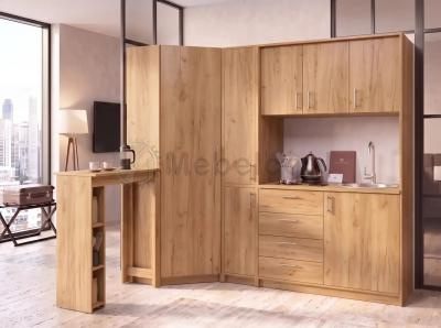 Мини-кухня Грань 5 mebelcool.ru для гостиницы с размерами: 1,6 м * 2,2 м, с барной стойкой, с угловым шкафом, с местами под мойку и под холодильник, в цвете дуб крафт золотой