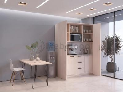 Кухня-шкаф Агата R8 mebelcool.ru с раздвижными дверями в офис для сотрудников в цвете дуб молочный с выдвижными ящиками, местом под микроволновку и посуду в стиле минимализм