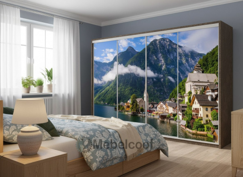 Четырехстворчатый Шкаф-купе Город на озере с фотопечатью NO420 в дом, в коттедж, на дачу, на балкон, в квартиру